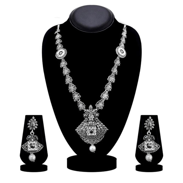 Kriaa Oxidised Plated White Austrian Stone Long Necklace Set - 1115312