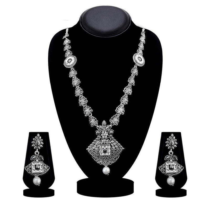 Kriaa Oxidised Plated White Austrian Stone Long Necklace Set - 1115312