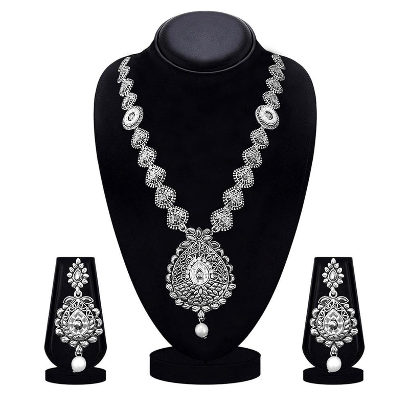 Kriaa Oxidised Plated White Austrian Stone Long Necklace Set - 1115316