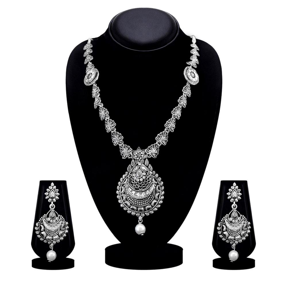 Kriaa Oxidised Plated White Austrian Stone Long Necklace Set - 1115318