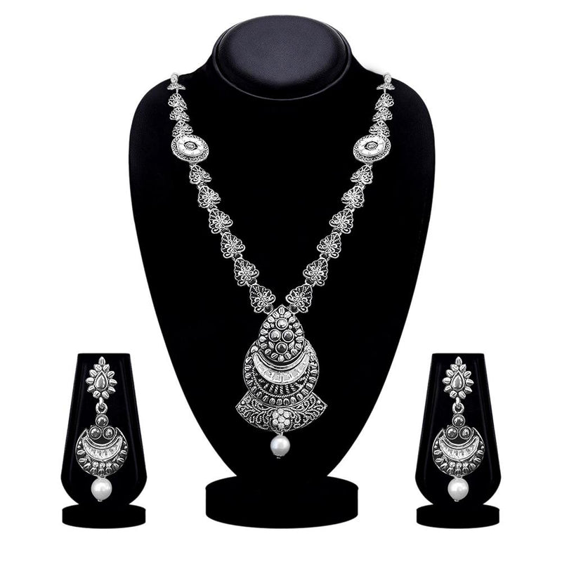 Kriaa Oxidised Plated White Austrian Stone Long Necklace Set - 1115319