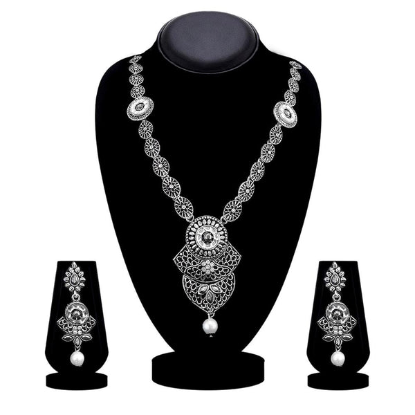 Kriaa Oxidised Plated White Austrian Stone Long Necklace Set - 1115320