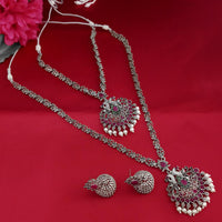 Tisha Oxidised Plated Pink & Green Pota Stone Necklace Set - 1115328