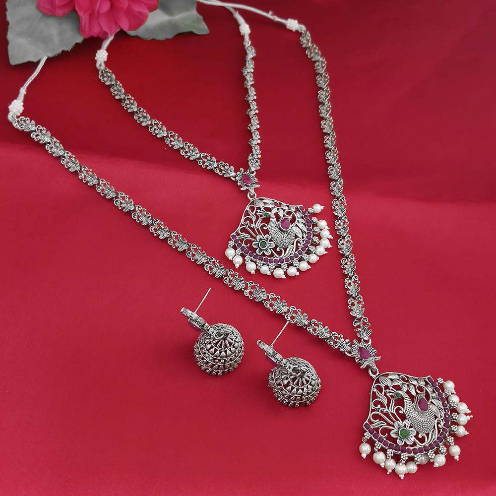 Tisha Oxidised Plated Pink & Green Pota Stone Necklace Set - 1115331