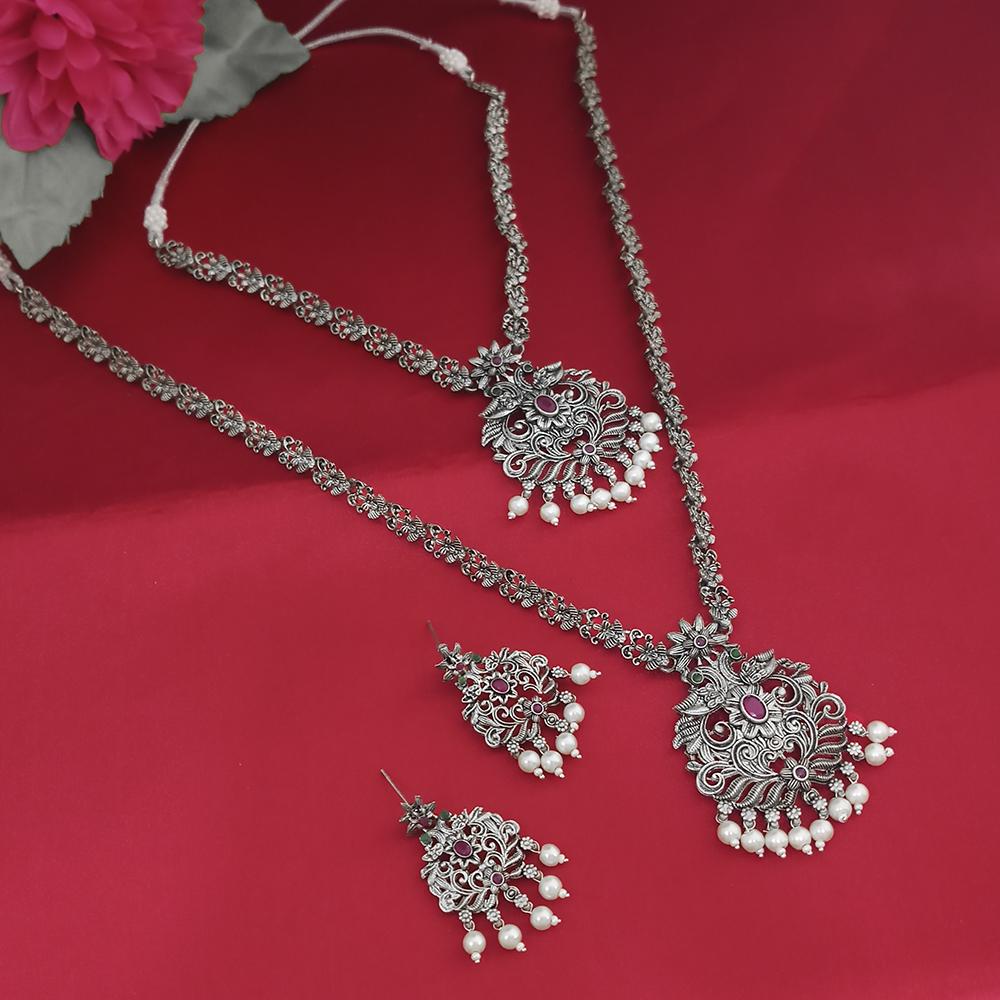 Tisha Oxidised Plated Pink & Green Pota Stone Necklace Set - 1115332