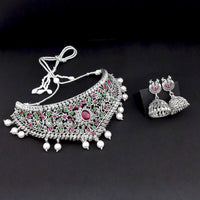 Tisha Oxidised Plated Pink & Green Pota Stone Choker Necklace Set - 1115334
