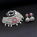 Tisha Oxidised Plated Pink & Green Pota Stone Choker Necklace Set - 1115335