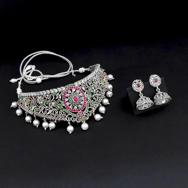 Tisha Oxidised Plated Pink & Green Pota Stone Choker Necklace Set - 1115337