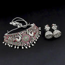 Tisha Oxidised Plated Pink & Green Pota Stone Choker Necklace Set - 1115339
