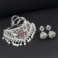 Tisha Oxidised Plated Pink & Green Pota Stone Choker Necklace Set - 1115341