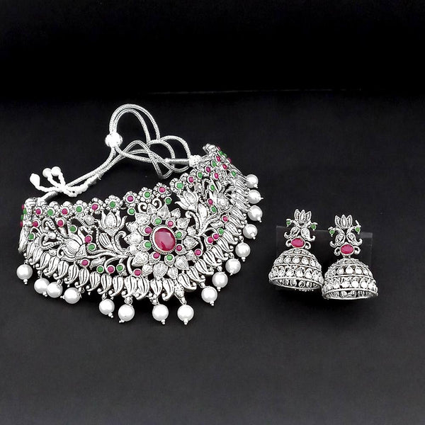 Tisha Oxidised Plated Pink & Green Pota Stone Choker Necklace Set - 1115342