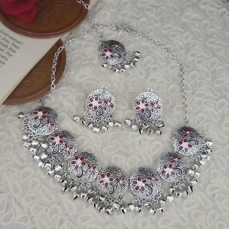 Kriaa Oxidised Plated Red Meenakari Necklace Set With Maang Tikka - 1115347A