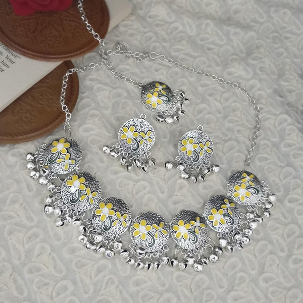 Kriaa Oxidised Plated Yellow Meenakari Necklace Set With Maang Tikka - 1115347E