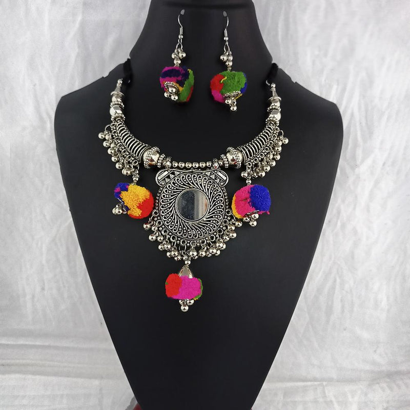 Jeweljunk Oxidised Plated Multicolor Pom Pom Necklace Set  - 1115656