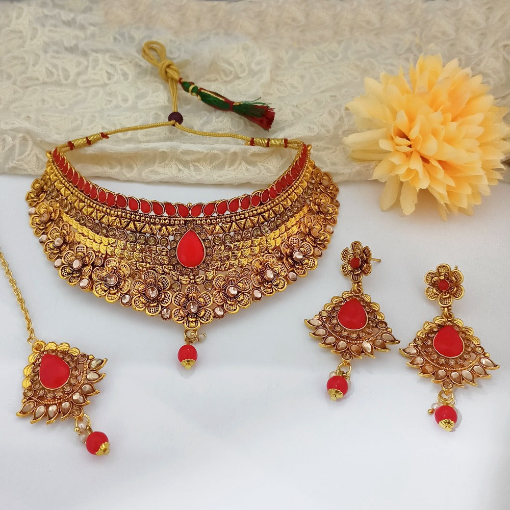 Kriaa Red Kundan Stone Gold Plated Traditional Choker Necklace Set