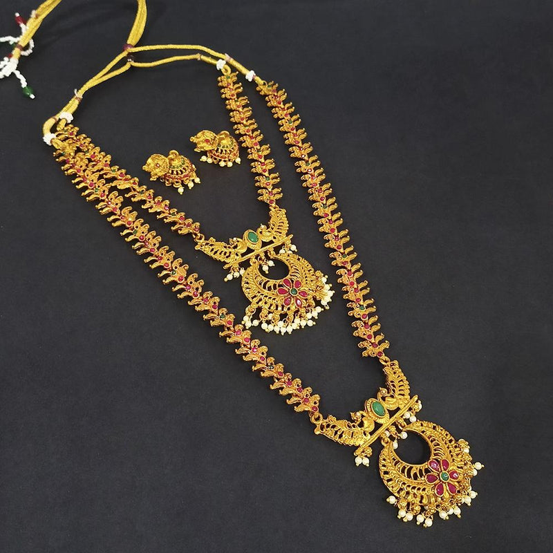 Kriaa Gold Plated Green & Pink & Pearl Double Necklace Set - 1116004