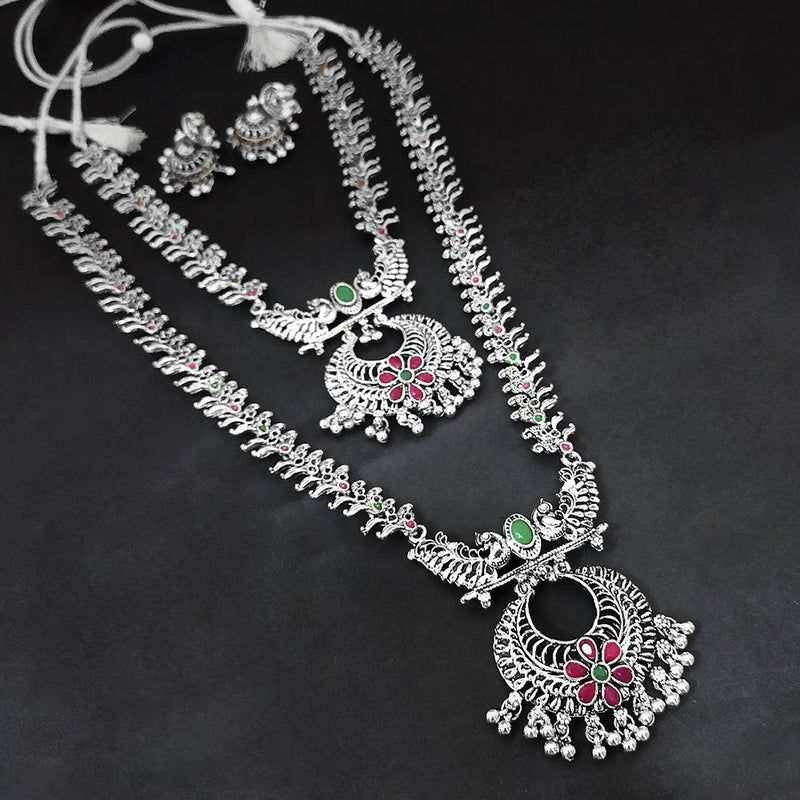 Kriaa Silver Plated Green & Pink & Pearl Double Necklace Set - 1116004A