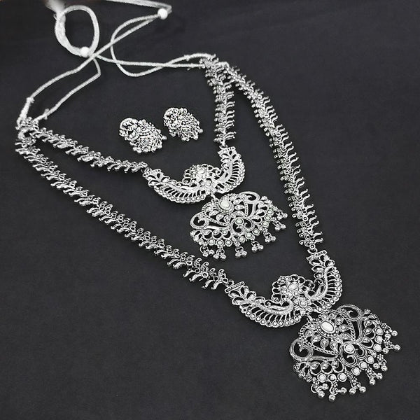 Kriaa Oxidised Plated White Pearl Double Necklace Set - 1116006