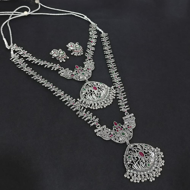 Kriaa Oxidised Plated Green & Pink Double Necklace Set - 1116007