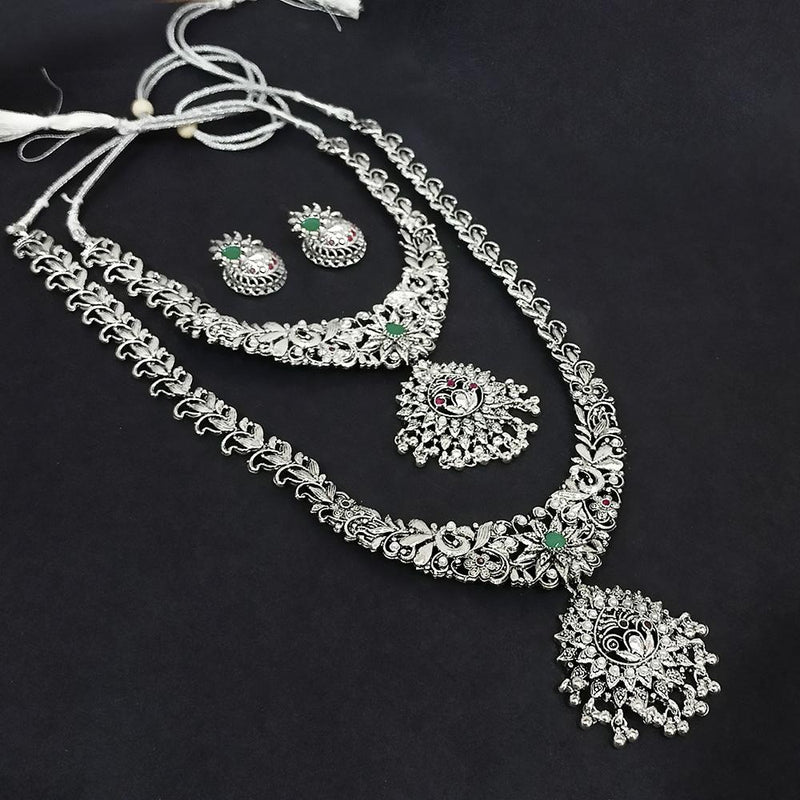 Kriaa Oxidised Plated Green & Pink Double Necklace Set - 1116009