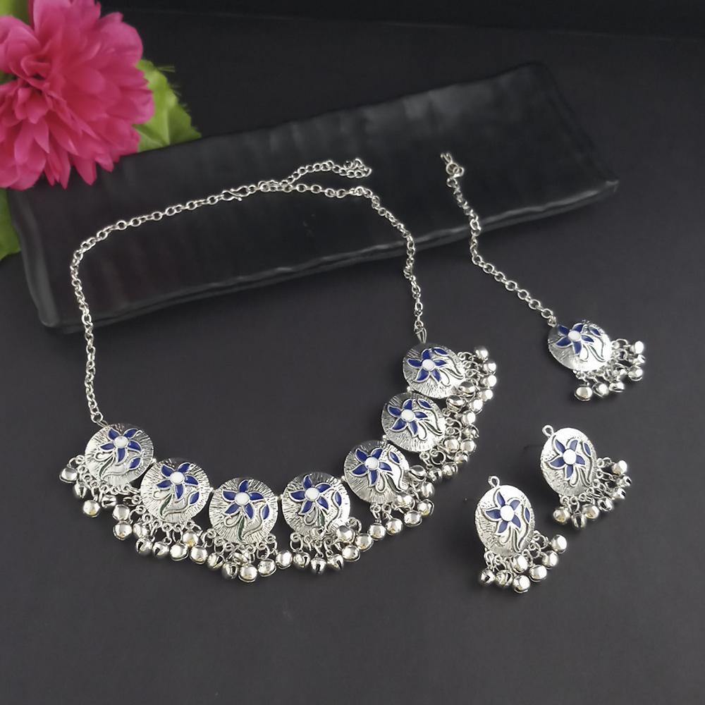 Kriaa Oxidised Plated Blue Meenakari Necklace Set With Maang Tikka - 1116014D