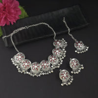 Kriaa Oxidised Plated Red Meenakari Necklace Set With Maang Tikka - 1116016H