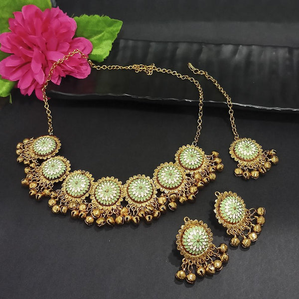 Kriaa Gold Plated Light Green Meenakari Necklace Set With Maang Tikka - 1116019F