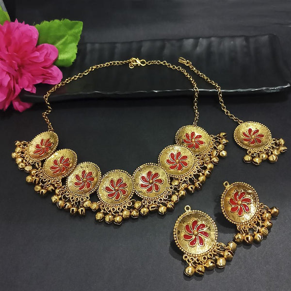 Kriaa Gold Plated Red Meenakari Necklace Set With Maang Tikka - 1116020A