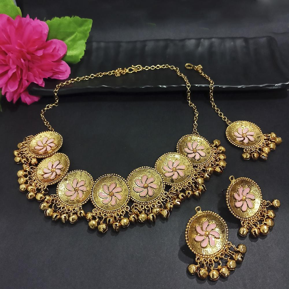 Kriaa Gold Plated Peach Meenakari Necklace Set With Maang Tikka - 1116020G