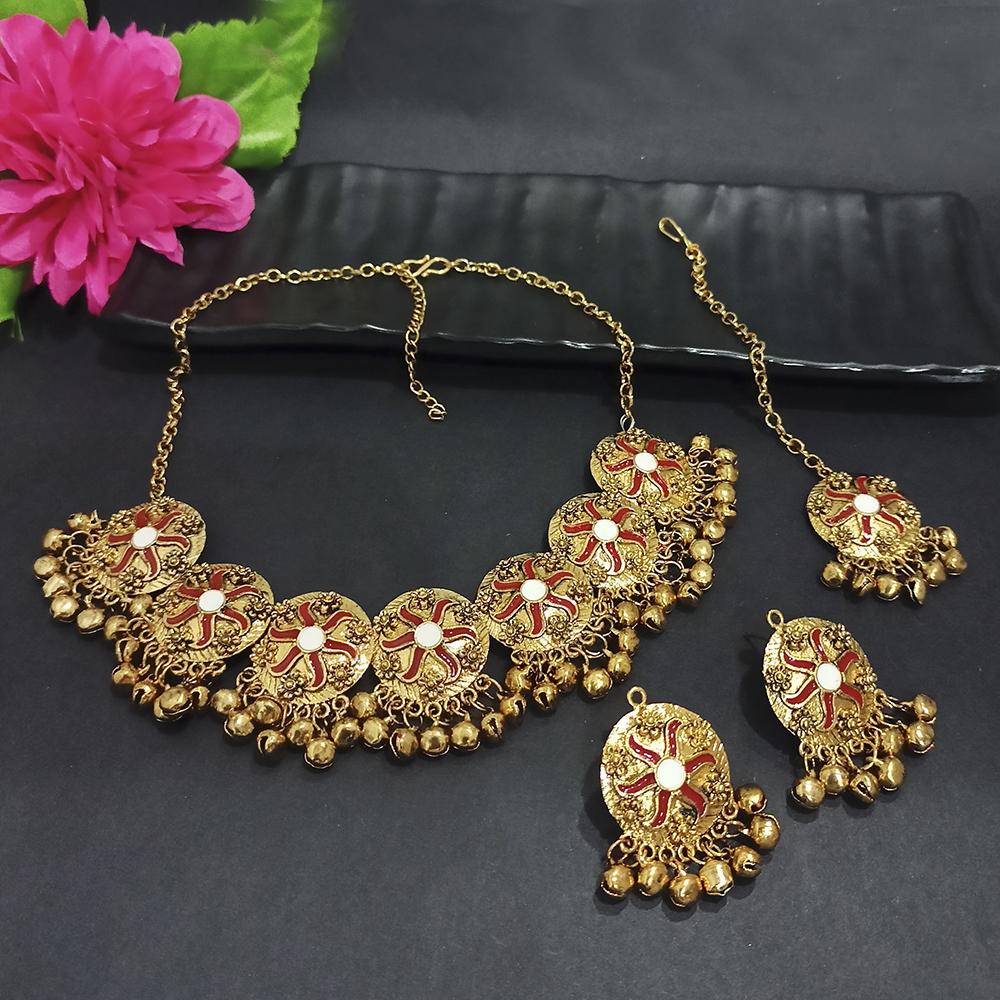 Kriaa Gold Plated Red Meenakari Necklace Set With Maang Tikka - 1116023A