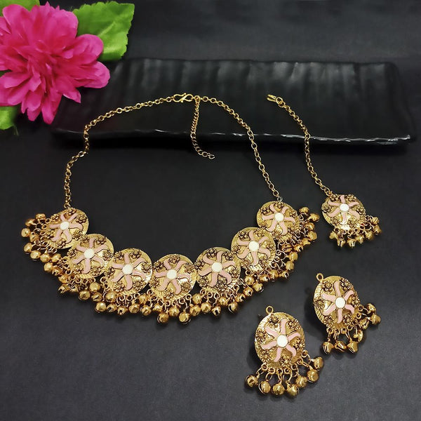 Kriaa Gold Plated Peach Meenakari Necklace Set With Maang Tikka - 1116023G