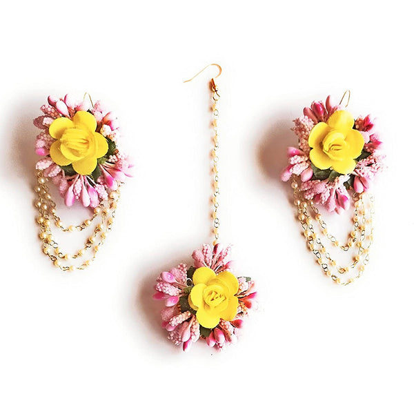 Kavyas Kreation Yellow Floral Design Earrings With Maang tikka