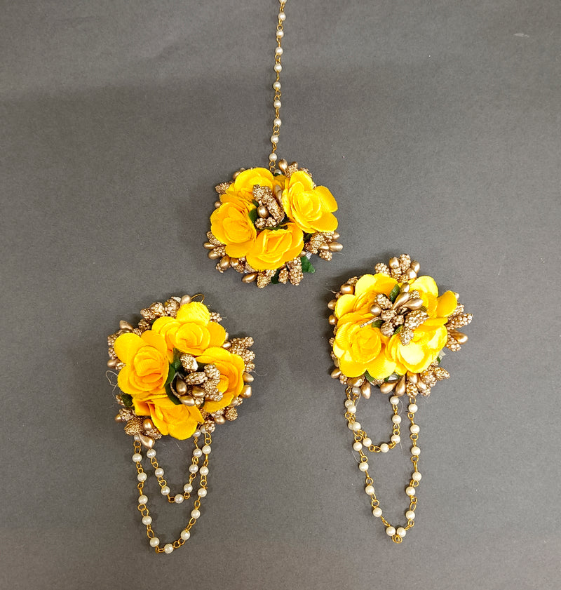 Bhavi Jewels Yellow Floral Design Earrings With Maang tikka