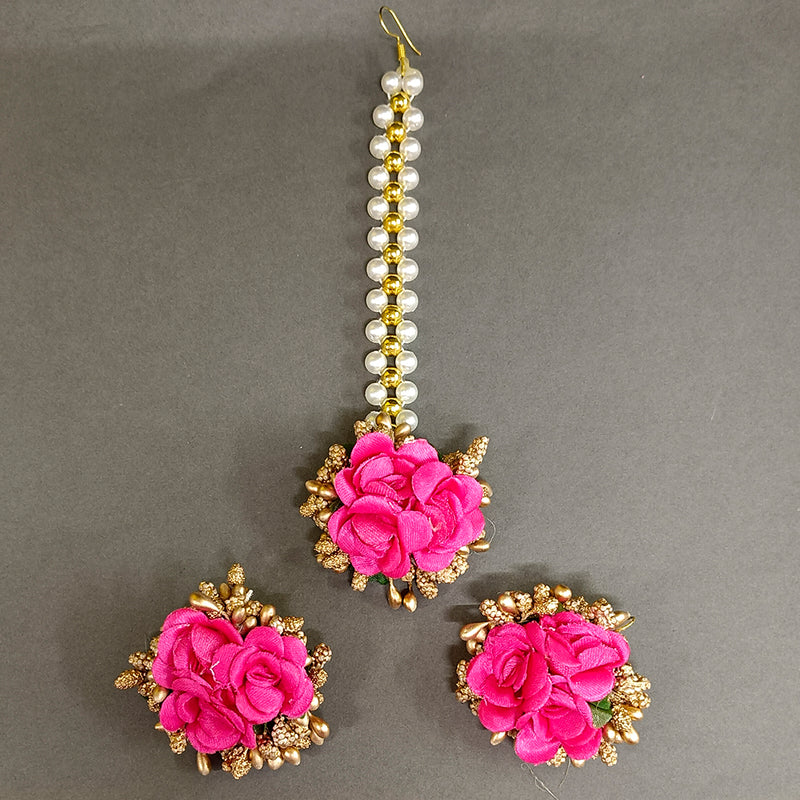 Bhavi Jewels Pink Floral Design Earrings With Maang tikka