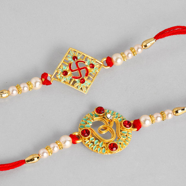 Bhavi Jewels 'Om And Swastik' Mint Green And Ruby Meenakari Thread Moti Gold Finish Rakhi Set Of 2 For Brother