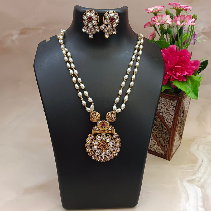 Bhavi Jewels Gold Plated Kundan Pearl Long Necklace Set