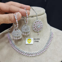 FS Collection AD Stone Silver Plated Choker Necklace Set