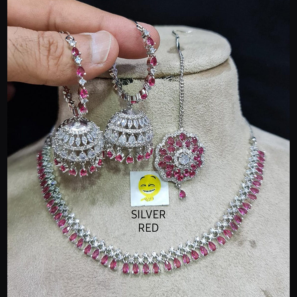 FS Collection AD Stone Silver Plated Choker Necklace Set