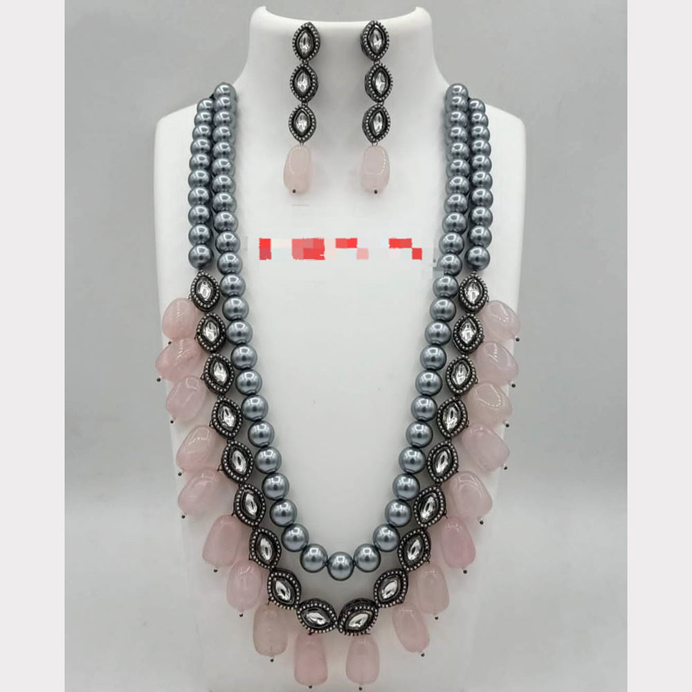 FS Collection Silver Plated Kundan Stone & Beads Long Necklace