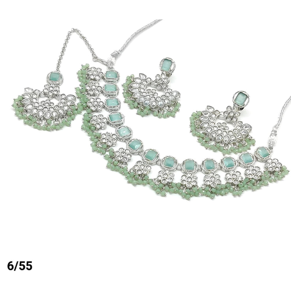 FS Collection Silver Plated Kundan & Crystal Stone Choker Necklace Set