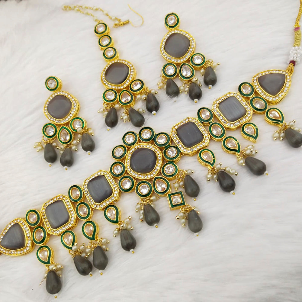 FS Collection Gold Plated Kundan & Crystal Stone Choker Necklace Set