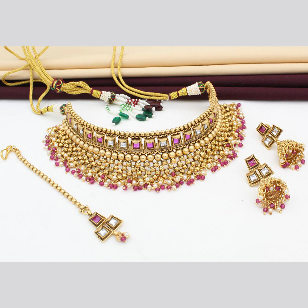 FS Collection Gold Plated Kundan Stone & Beads Choker Necklace Set