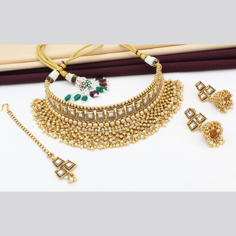 FS Collection Gold Plated Kundan Stone & Beads Choker Necklace Set
