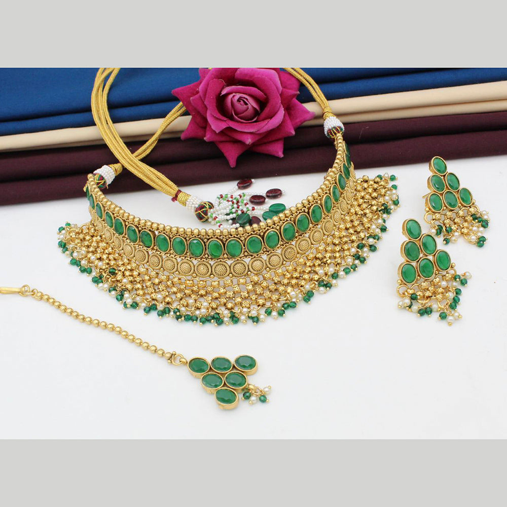 FS Collection Gold Plated Pota Stone Choker Necklace Set With Mangtikka