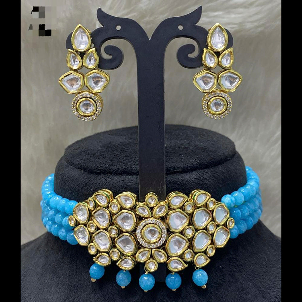 FS Collection Gold Plated Kundan Stone & Beads Choker Necklace Set