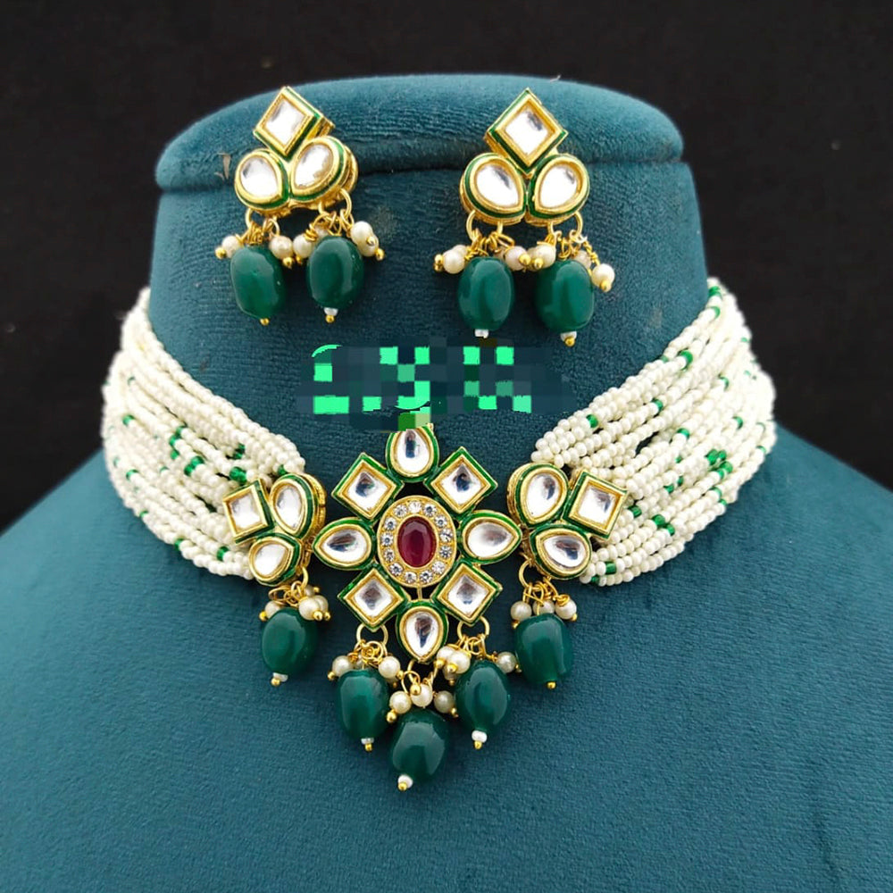FS Collection Gold Plated Kundan Stone & Beads Choker Necklace Set