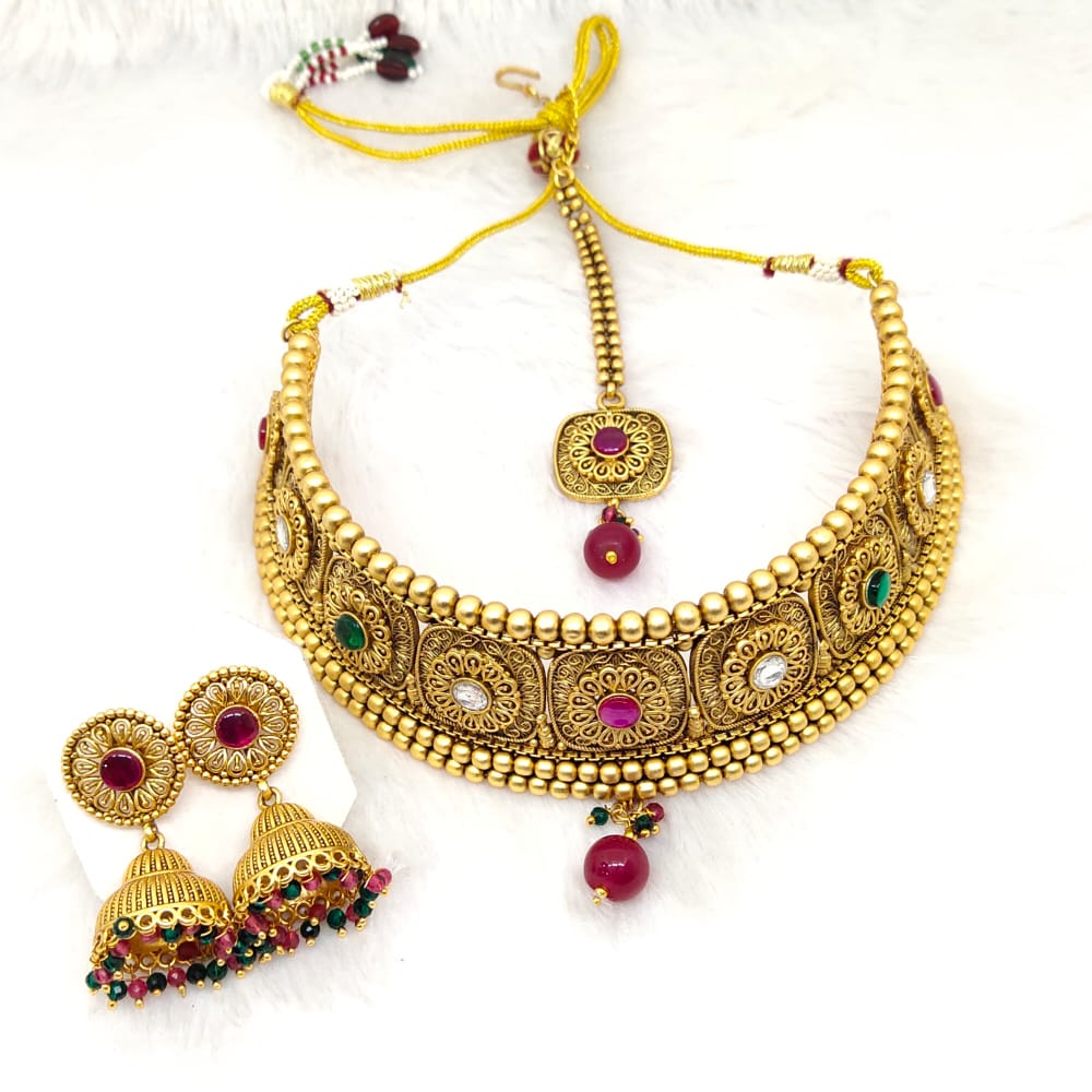 FS Collection Gold Plated Pota Stone Choker Necklace Set