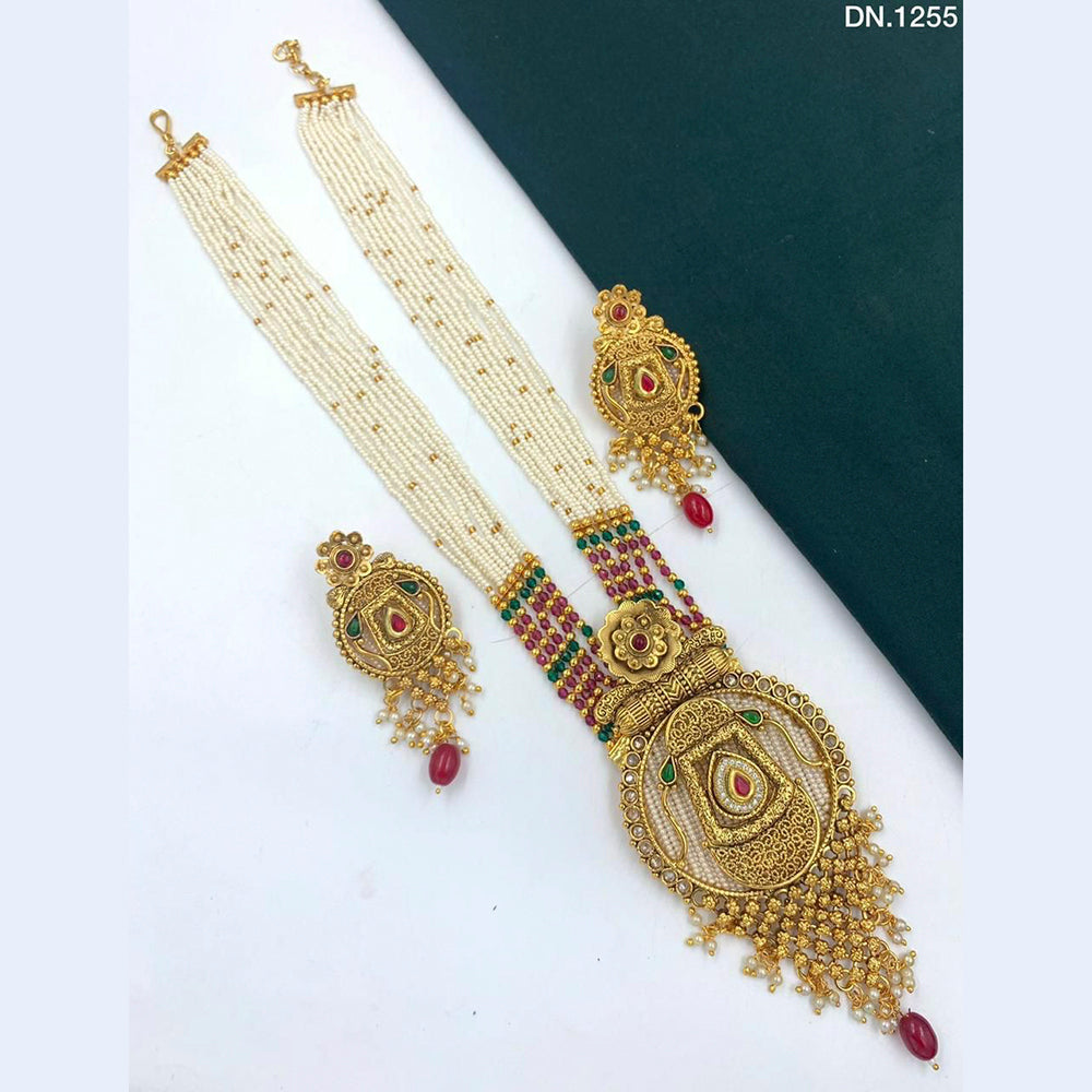 FS Collection Gold Plated Kundan Stone & Beads Long Necklace Set