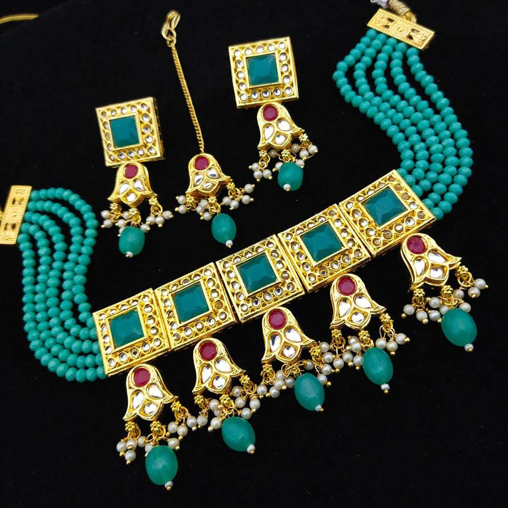 FS Collection Gold Plated Kundan & Beads Choker Necklace Set