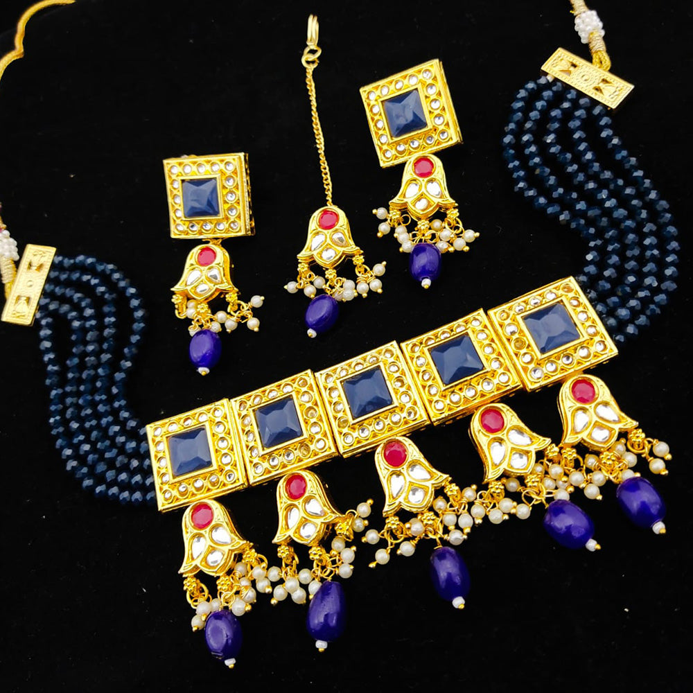 FS Collection Gold Plated Kundan & Beads Choker Necklace Set